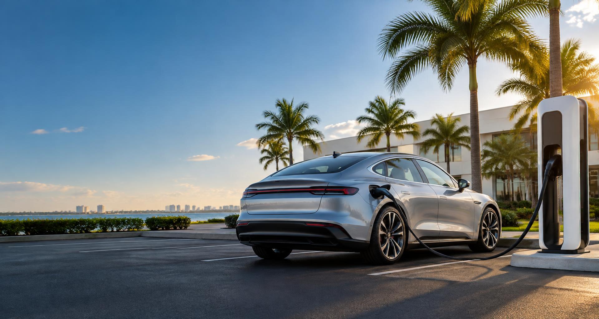 Silver electric sedan at a DC fast-charging station